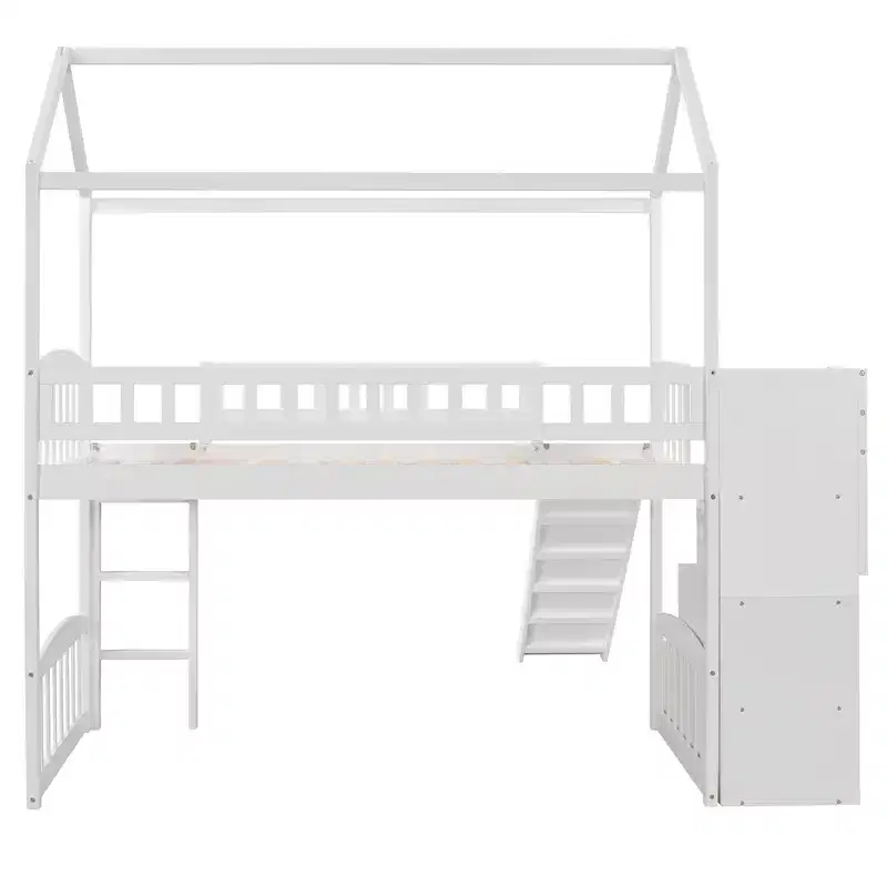 Lit mezzanine jumeau avec toboggan et escalier, lit mezzanine avec tiroirs de rangement, lit mezzanine cabane en bois pour enfants et tout-petits