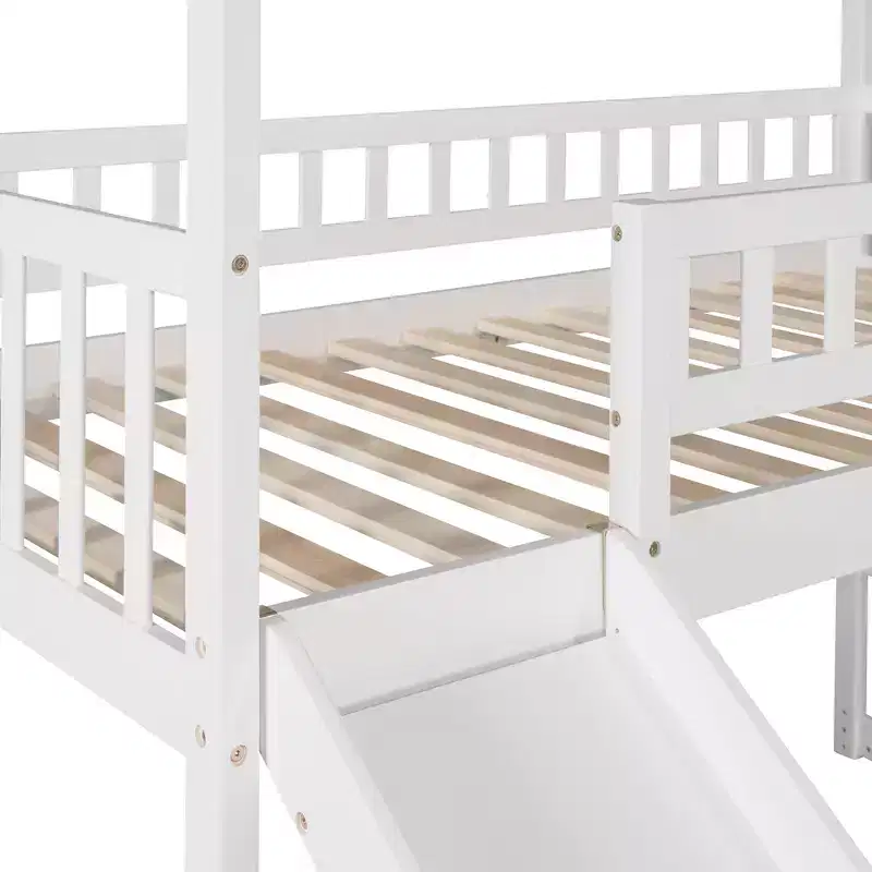 Lit mezzanine jumeau avec toboggan et escalier, lit mezzanine avec tiroirs de rangement, lit mezzanine cabane en bois pour enfants et tout-petits