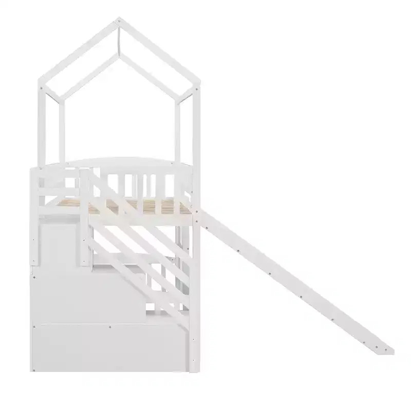 Lit mezzanine jumeau avec toboggan et escalier, lit mezzanine avec tiroirs de rangement, lit mezzanine cabane en bois pour enfants et tout-petits