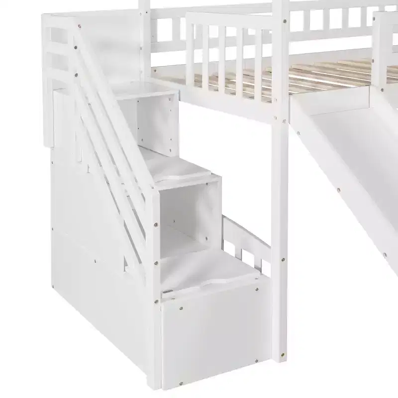 Lit mezzanine jumeau avec toboggan et escalier, lit mezzanine avec tiroirs de rangement, lit mezzanine cabane en bois pour enfants et tout-petits