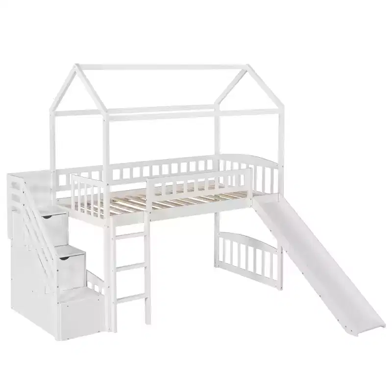 Lit mezzanine jumeau avec toboggan et escalier, lit mezzanine avec tiroirs de rangement, lit mezzanine cabane en bois pour enfants et tout-petits
