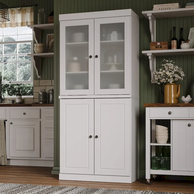 Meuble de rangement en bois massif avec portes en verre dépoli, portes pleines, 2 tiroirs et étagères réglables