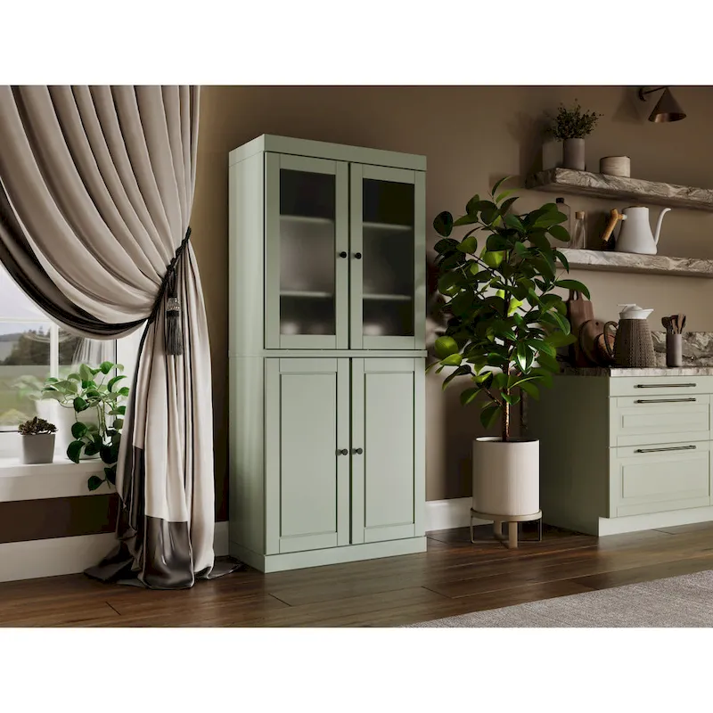 Meuble de rangement en bois massif avec portes en verre dépoli, portes pleines, 2 tiroirs et étagères réglables