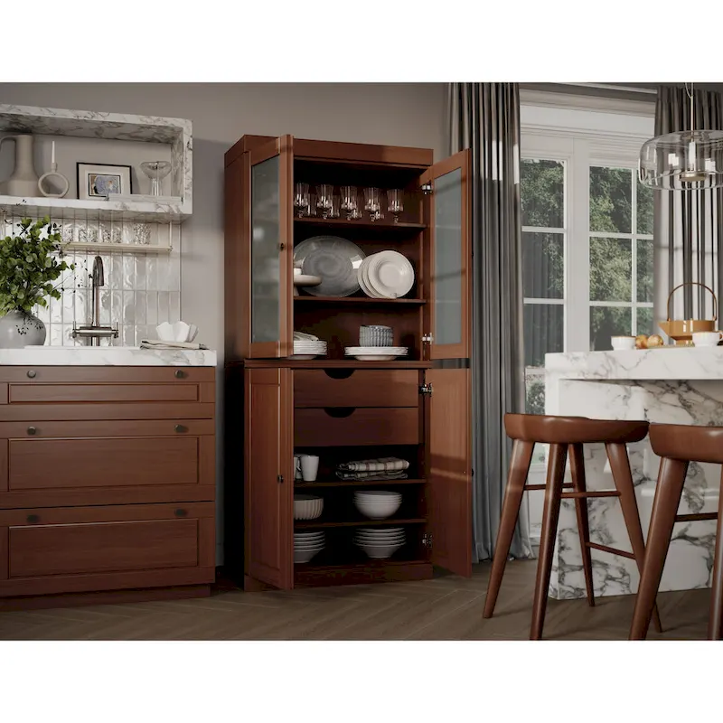 Meuble de rangement en bois massif avec portes en verre dépoli, portes pleines, 2 tiroirs et étagères réglables