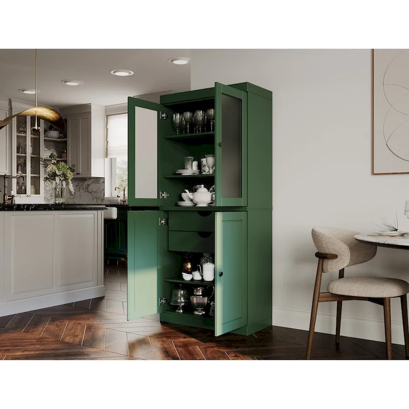 Meuble de rangement en bois massif avec portes en verre dépoli, portes pleines, 2 tiroirs et étagères réglables