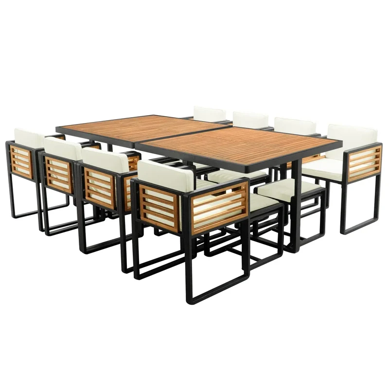 Ensemble de salle à manger d'extérieur 18 pièces en bois d'acacia, 8 chaises rembourrées, 8 poufs et 2 tables carrées