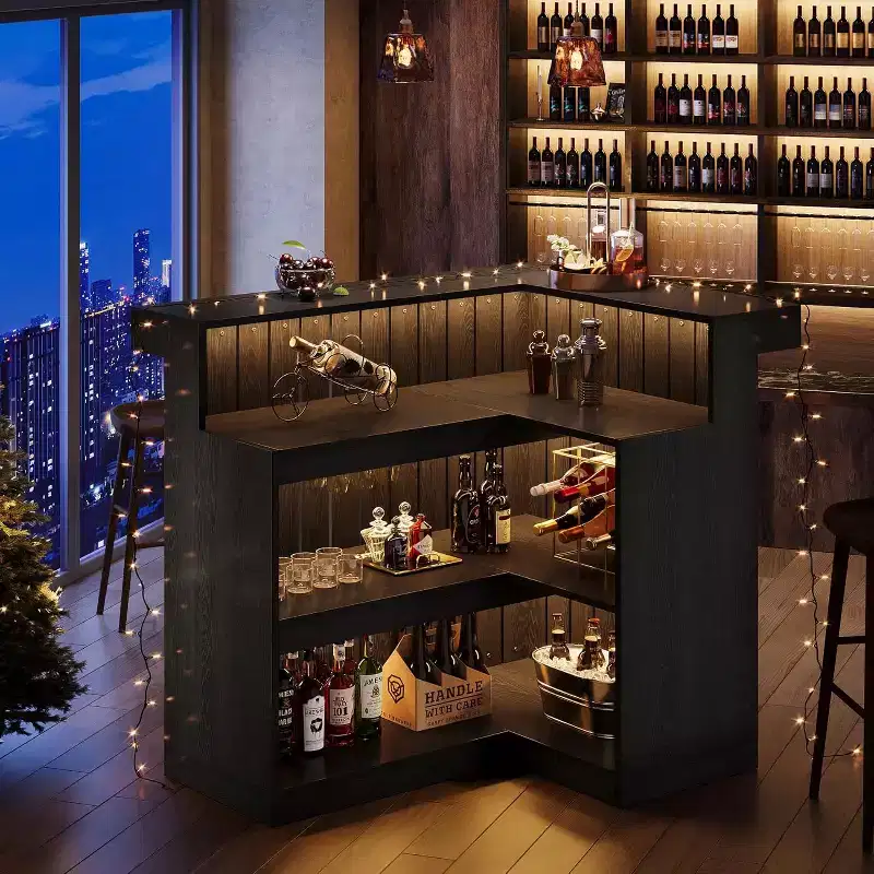 Bar de salon en L Lantine, bar à liqueurs d'angle à 4 niveaux avec étagères de rangement et porte-verres à vin pour pub à domicile