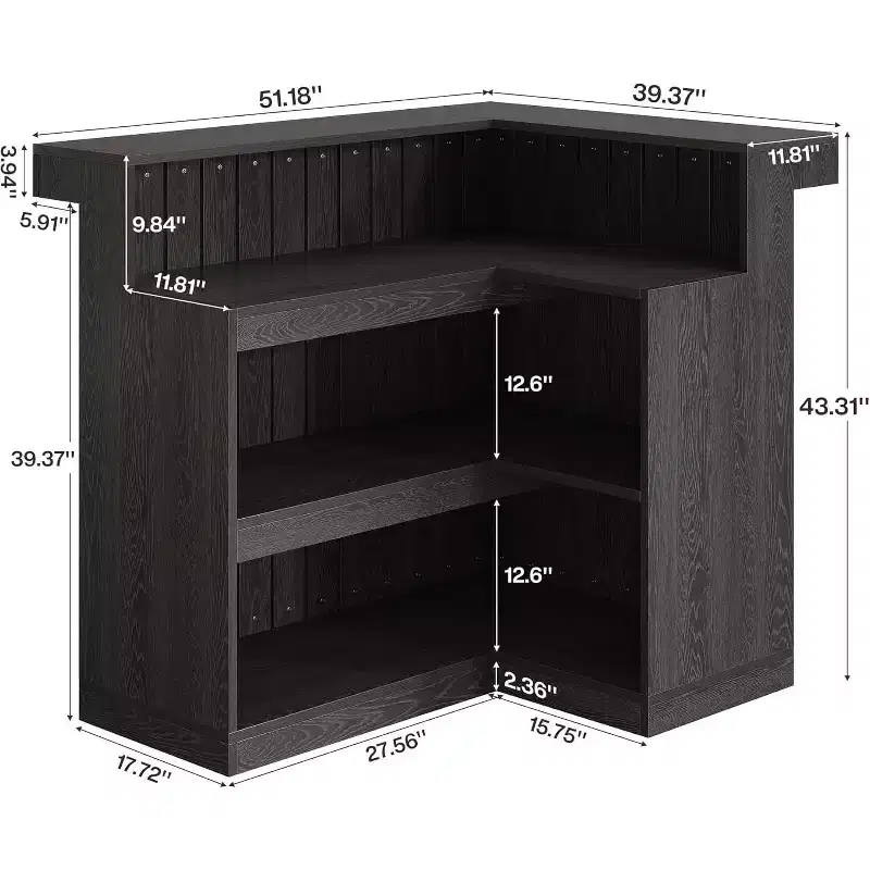 Bar de salon en L Lantine, bar à liqueurs d'angle à 4 niveaux avec étagères de rangement et porte-verres à vin pour pub à domicile