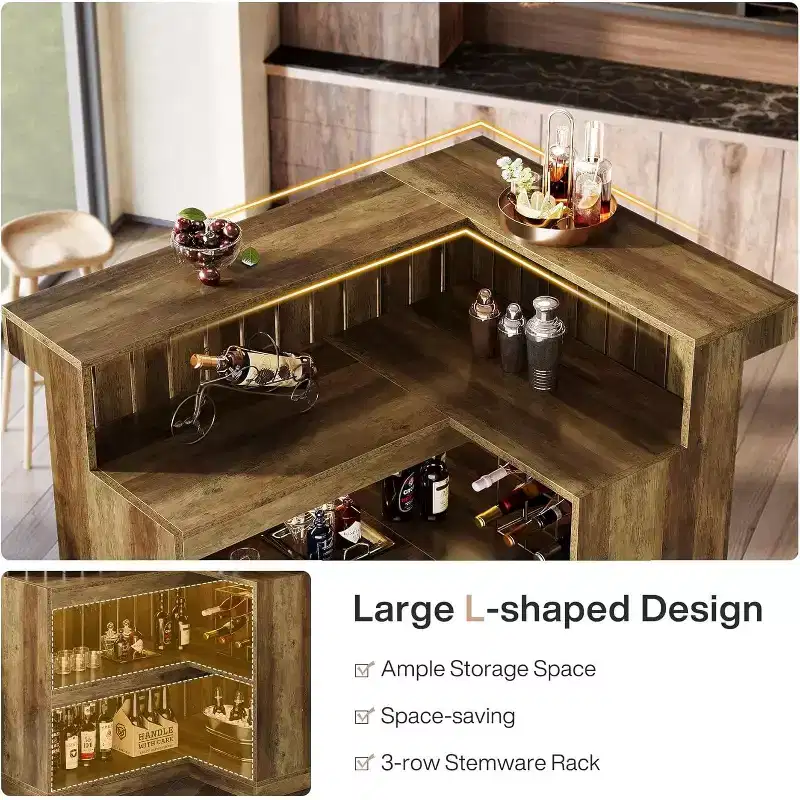 Bar de salon en L Lantine, bar à liqueurs d'angle à 4 niveaux avec étagères de rangement et porte-verres à vin pour pub à domicile
