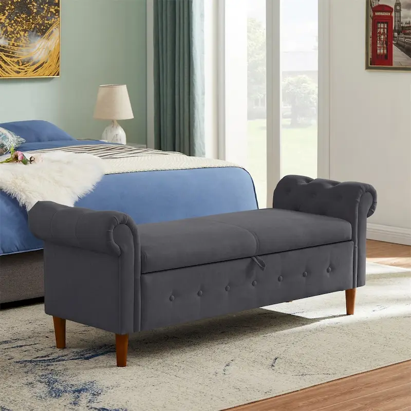 Banc de rangement pour chambre, bout de lit, accoudoirs roulés, canapé ottoman en velours, long banc