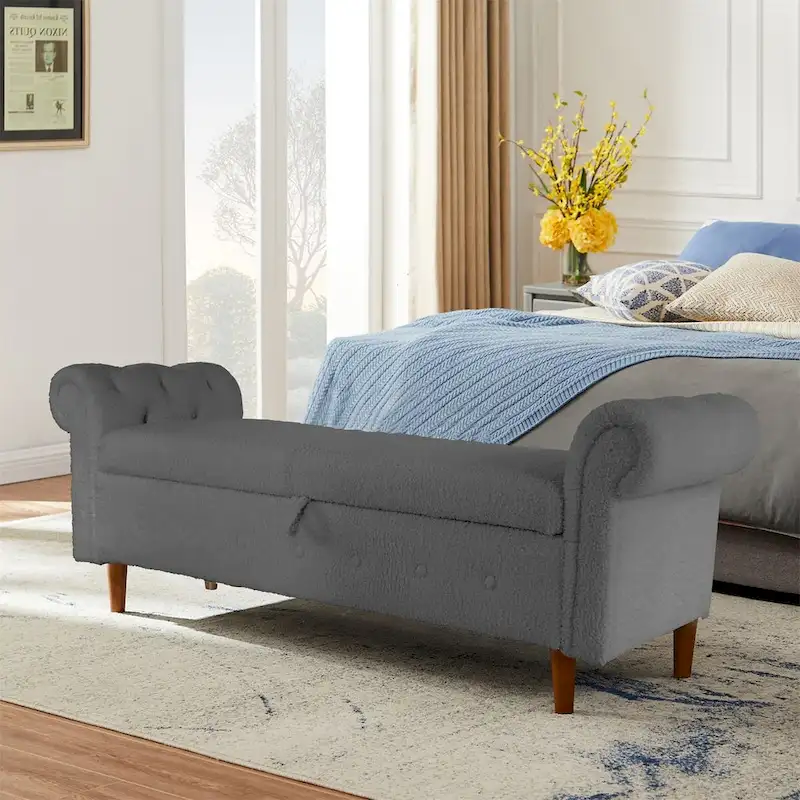 Banc de rangement pour chambre, bout de lit, accoudoirs roulés, canapé ottoman en velours, long banc