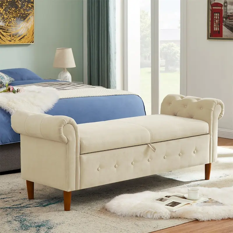 Banc de rangement pour chambre, bout de lit, accoudoirs roulés, canapé ottoman en velours, long banc