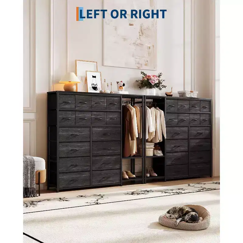 Commode de rangement avec 16 tiroirs, tringle à vêtements et étagères, organisateur de rangement en tissu pour chambre à coucher, placard ou entrée
