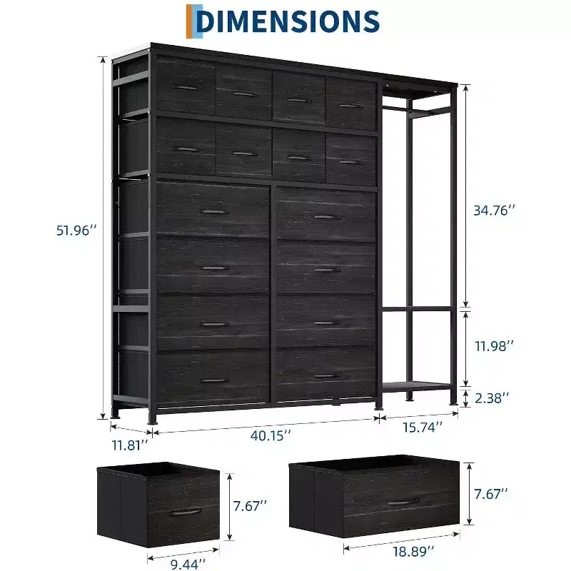 Commode de rangement avec 16 tiroirs, tringle à vêtements et étagères, organisateur de rangement en tissu pour chambre à coucher, placard ou entrée