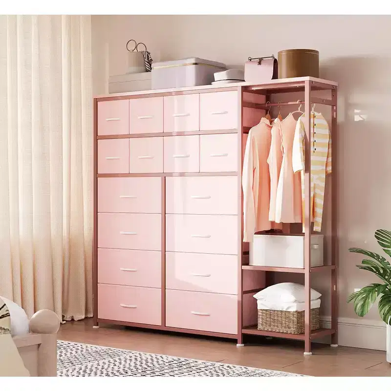 Commode de rangement avec 16 tiroirs, tringle à vêtements et étagères, organisateur de rangement en tissu pour chambre à coucher, placard ou entrée