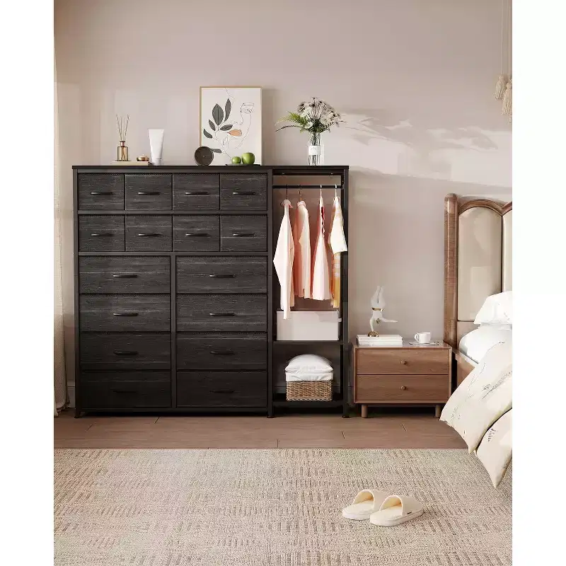 Commode de rangement avec 16 tiroirs, tringle à vêtements et étagères, organisateur de rangement en tissu pour chambre à coucher, placard ou entrée