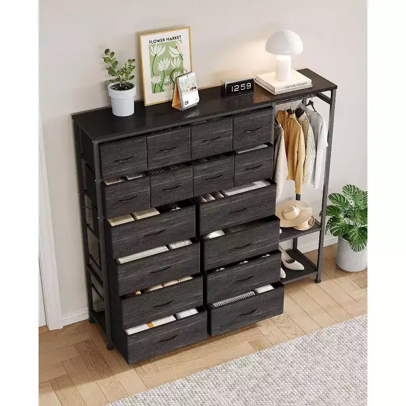 Commode de rangement avec 16 tiroirs, tringle à vêtements et étagères, organisateur de rangement en tissu pour chambre à coucher, placard ou entrée