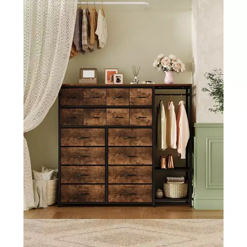 Commode de rangement avec 16 tiroirs, tringle à vêtements et étagères, organisateur de rangement en tissu pour chambre à coucher, placard ou entrée