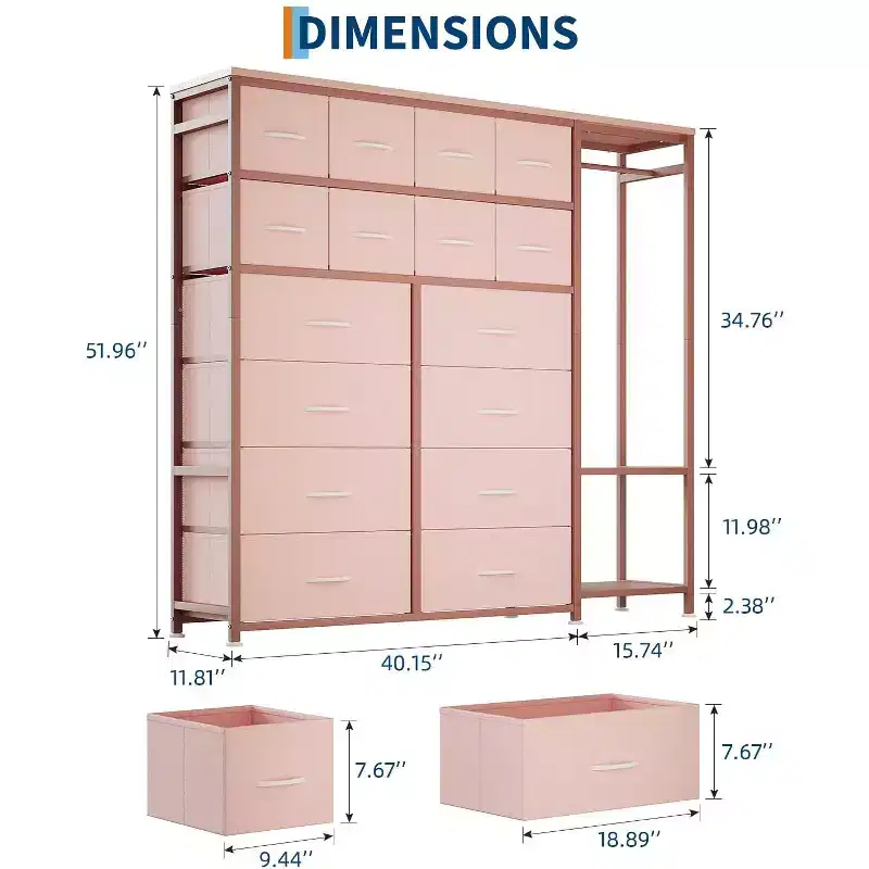 Commode de rangement avec 16 tiroirs, tringle à vêtements et étagères, organisateur de rangement en tissu pour chambre à coucher, placard ou entrée