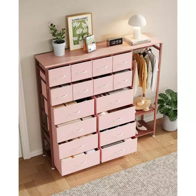 Commode de rangement avec 16 tiroirs, tringle à vêtements et étagères, organisateur de rangement en tissu pour chambre à coucher, placard ou entrée