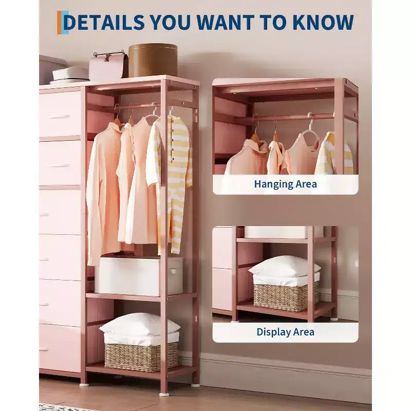 Commode de rangement avec 16 tiroirs, tringle à vêtements et étagères, organisateur de rangement en tissu pour chambre à coucher, placard ou entrée