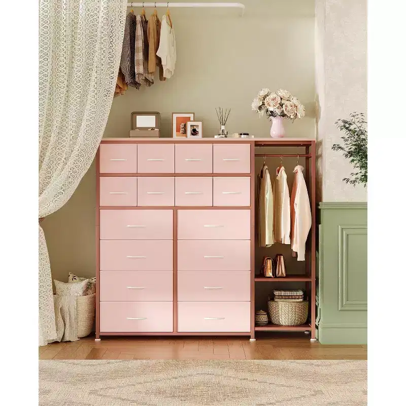 Commode de rangement avec 16 tiroirs, tringle à vêtements et étagères, organisateur de rangement en tissu pour chambre à coucher, placard ou entrée
