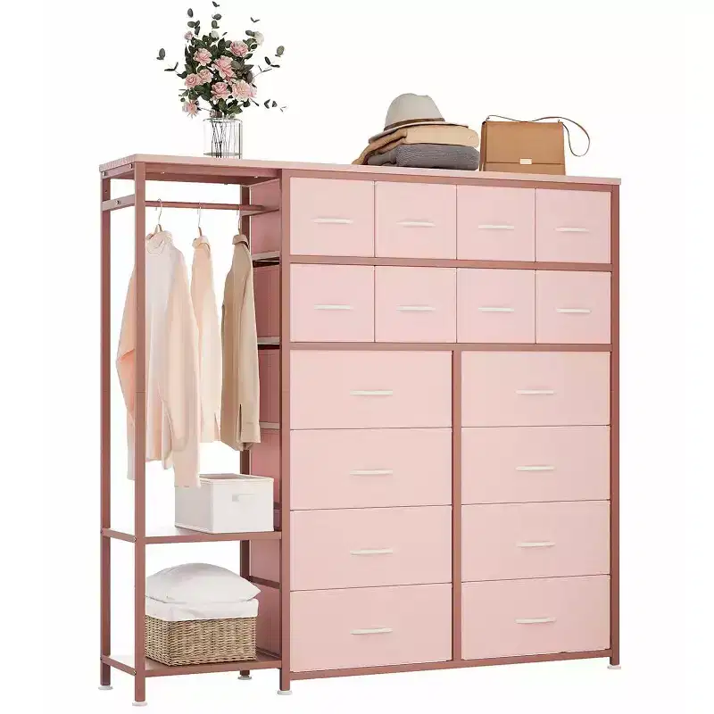 Commode de rangement avec 16 tiroirs, tringle à vêtements et étagères, organisateur de rangement en tissu pour chambre à coucher, placard ou entrée