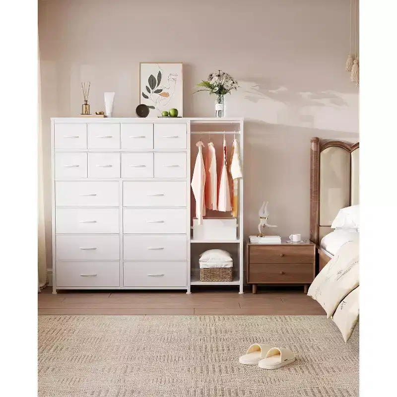 Commode de rangement avec 16 tiroirs, tringle à vêtements et étagères, organisateur de rangement en tissu pour chambre à coucher, placard ou entrée
