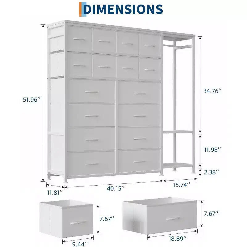 Commode de rangement avec 16 tiroirs, tringle à vêtements et étagères, organisateur de rangement en tissu pour chambre à coucher, placard ou entrée