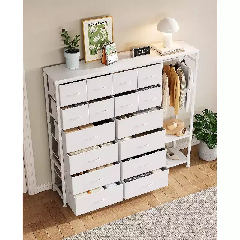 Commode de rangement avec 16 tiroirs, tringle à vêtements et étagères, organisateur de rangement en tissu pour chambre à coucher, placard ou entrée