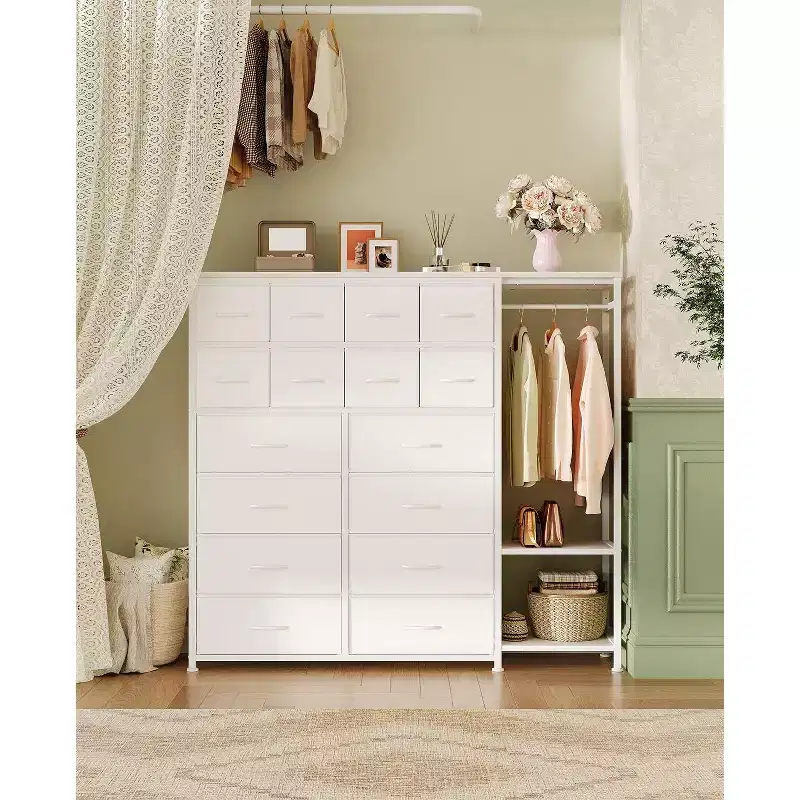 Commode de rangement avec 16 tiroirs, tringle à vêtements et étagères, organisateur de rangement en tissu pour chambre à coucher, placard ou entrée