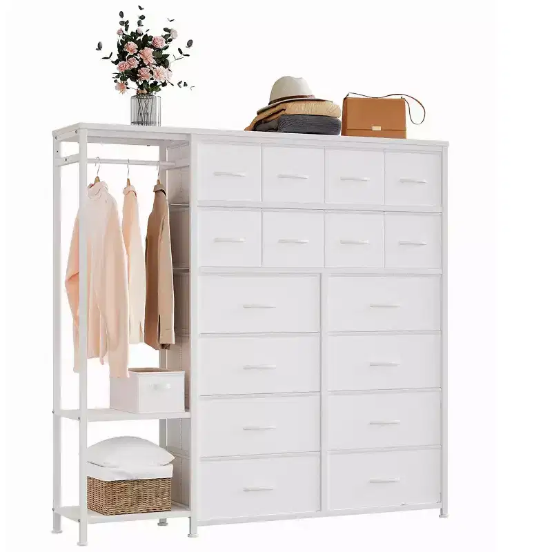 Commode de rangement avec 16 tiroirs, tringle à vêtements et étagères, organisateur de rangement en tissu pour chambre à coucher, placard ou entrée
