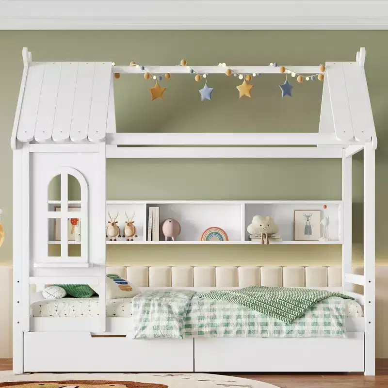 Lit cabane avec tiroirs de rangement et fenêtre, cadre en bois massif avec étagères, design amusant et enfantin, blanc clair