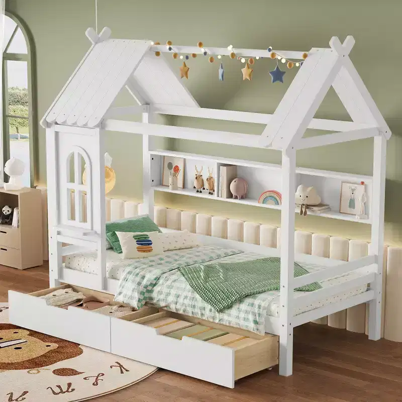 Lit cabane avec tiroirs de rangement et fenêtre, cadre en bois massif avec étagères, design amusant et enfantin, blanc clair