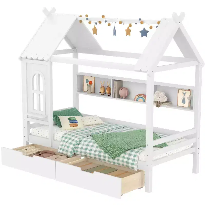 Lit cabane avec tiroirs de rangement et fenêtre, cadre en bois massif avec étagères, design amusant et enfantin, blanc clair