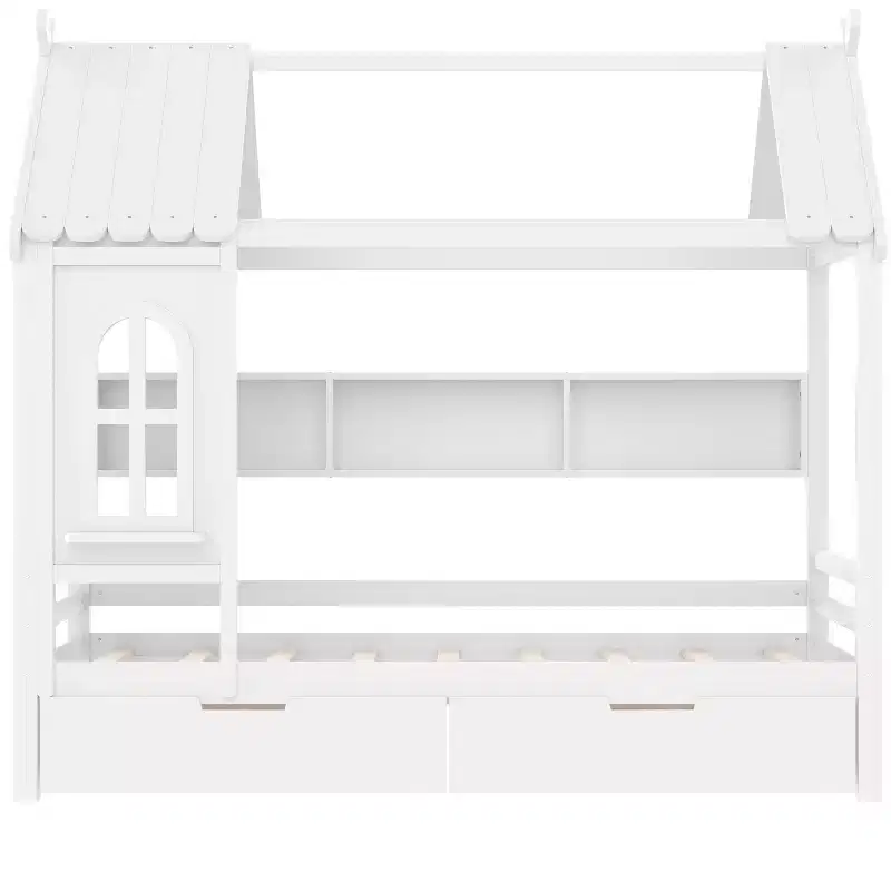 Lit cabane avec tiroirs de rangement et fenêtre, cadre en bois massif avec étagères, design amusant et enfantin, blanc clair