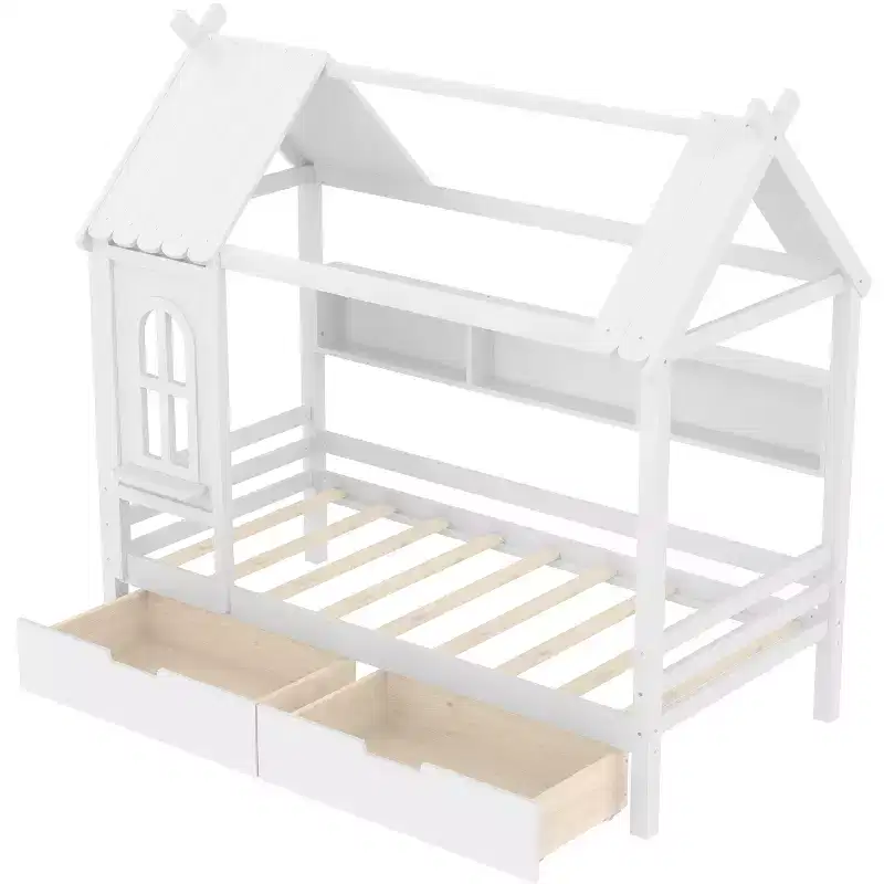 Lit cabane avec tiroirs de rangement et fenêtre, cadre en bois massif avec étagères, design amusant et enfantin, blanc clair