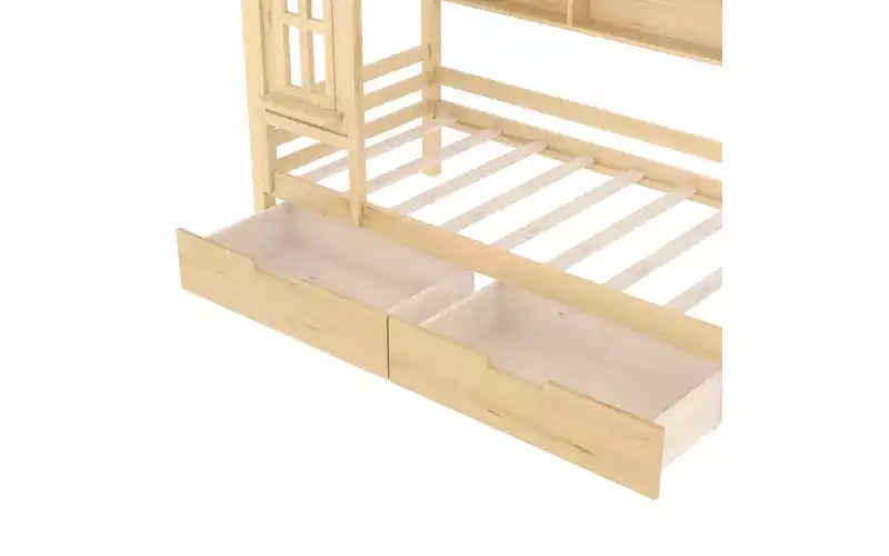 Lit cabane avec tiroirs de rangement et fenêtre, cadre en bois massif avec étagères, design amusant et enfantin, blanc clair