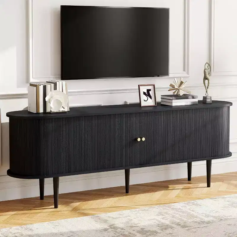 Meuble TV AMERLIFE 70 avec pieds en bois massif, console TV de style moderne du milieu du siècle avec porte à tambour