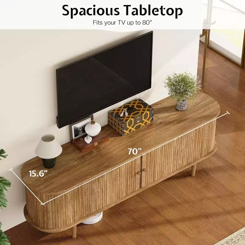 Meuble TV AMERLIFE 70 avec pieds en bois massif, console TV de style moderne du milieu du siècle avec porte à tambour