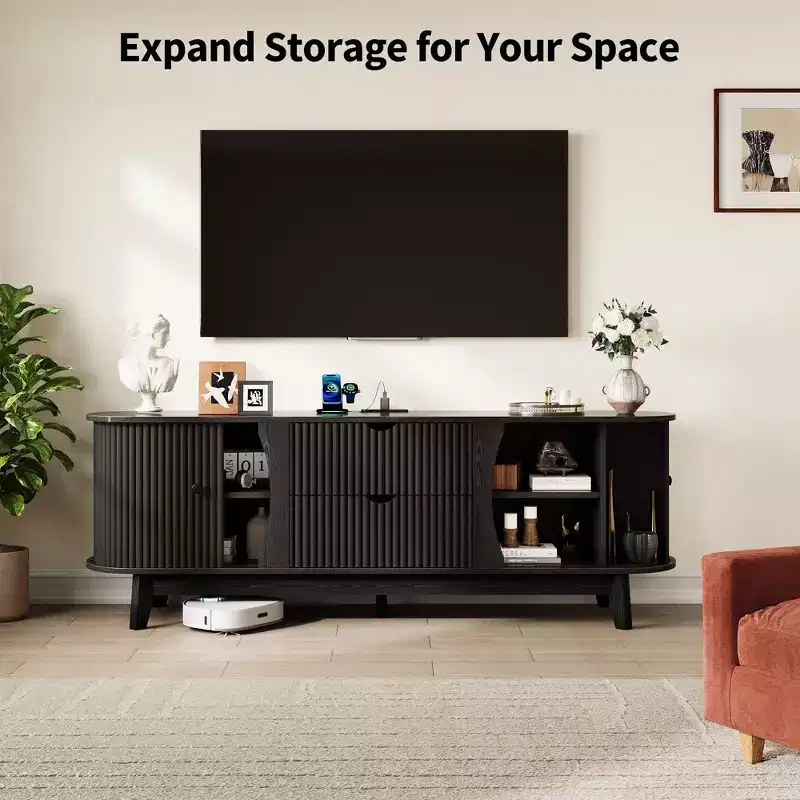 Meuble TV moderne noir/marron avec 2 tiroirs, pour 1 pièce