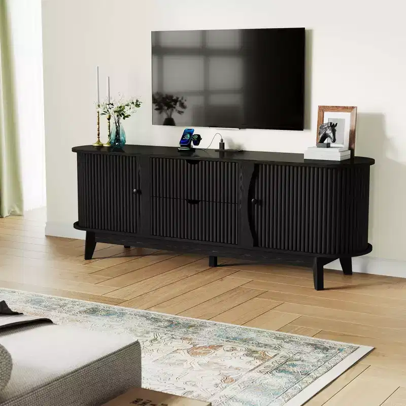 Meuble TV moderne noir/marron avec 2 tiroirs, pour 1 pièce