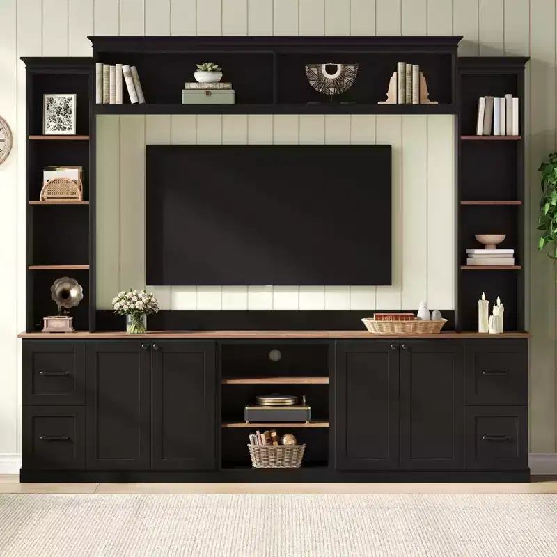 Meuble TV mural 4-en-1 ModernLuxe de style campagnard, convient aux téléviseurs jusqu'à 70 pouces, meuble TV console multimédia avec étagères réglables et tiroirs