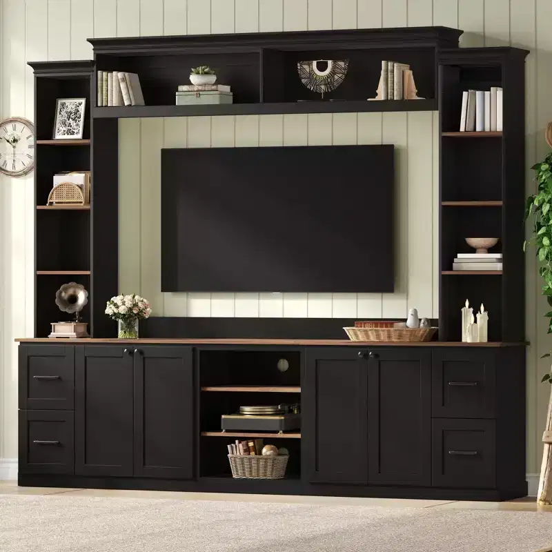 Meuble TV mural 4-en-1 ModernLuxe de style campagnard, convient aux téléviseurs jusqu'à 70 pouces, meuble TV console multimédia avec étagères réglables et tiroirs