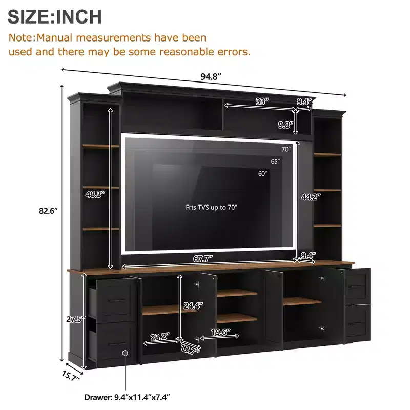 Meuble TV mural 4-en-1 ModernLuxe de style campagnard, convient aux téléviseurs jusqu'à 70 pouces, meuble TV console multimédia avec étagères réglables et tiroirs