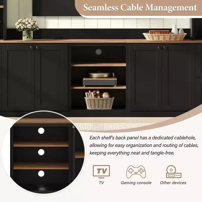 Meuble TV mural 4-en-1 ModernLuxe de style campagnard, convient aux téléviseurs jusqu'à 70 pouces, meuble TV console multimédia avec étagères réglables et tiroirs