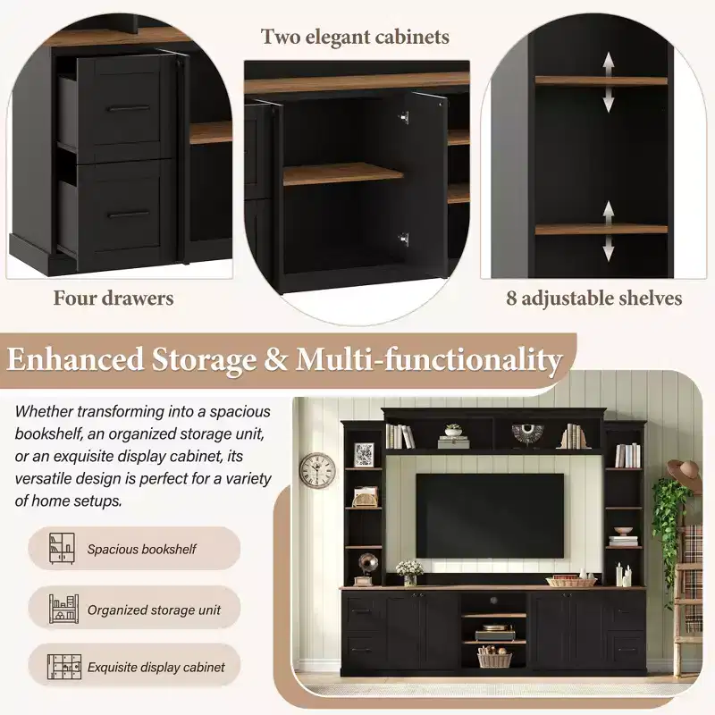 Meuble TV mural 4-en-1 ModernLuxe de style campagnard, convient aux téléviseurs jusqu'à 70 pouces, meuble TV console multimédia avec étagères réglables et tiroirs