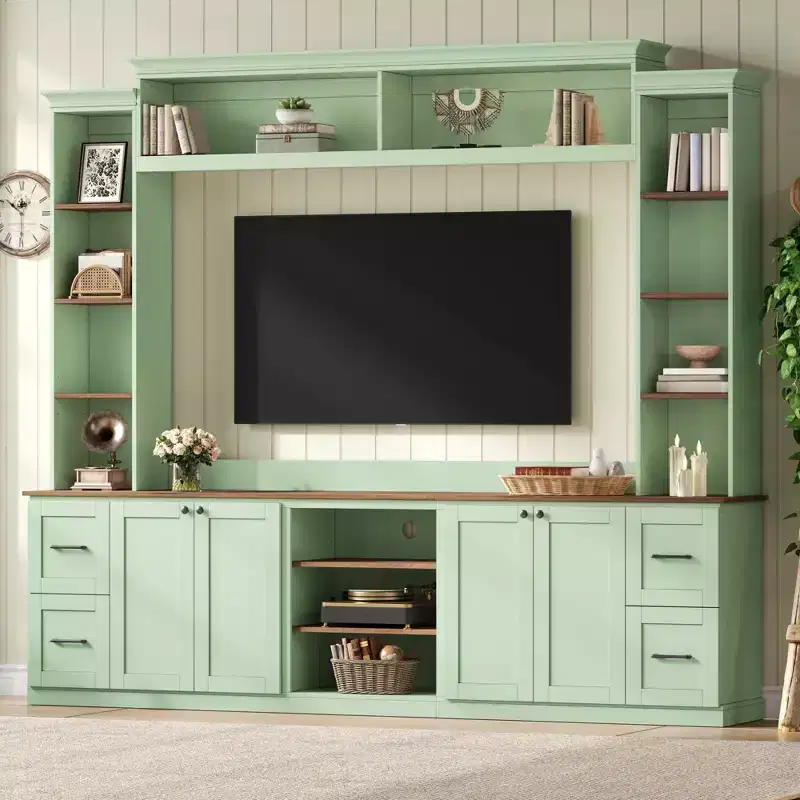 Meuble TV mural 4-en-1 ModernLuxe de style campagnard, convient aux téléviseurs jusqu'à 70 pouces, meuble TV console multimédia avec étagères réglables et tiroirs