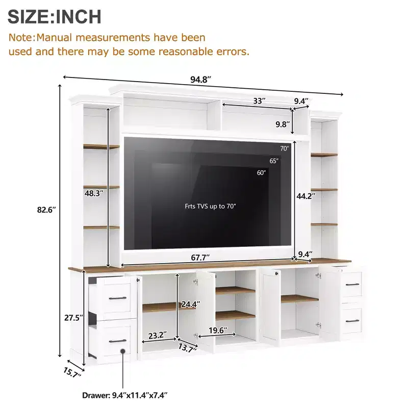 Meuble TV mural 4-en-1 ModernLuxe de style campagnard, convient aux téléviseurs jusqu'à 70 pouces, meuble TV console multimédia avec étagères réglables et tiroirs