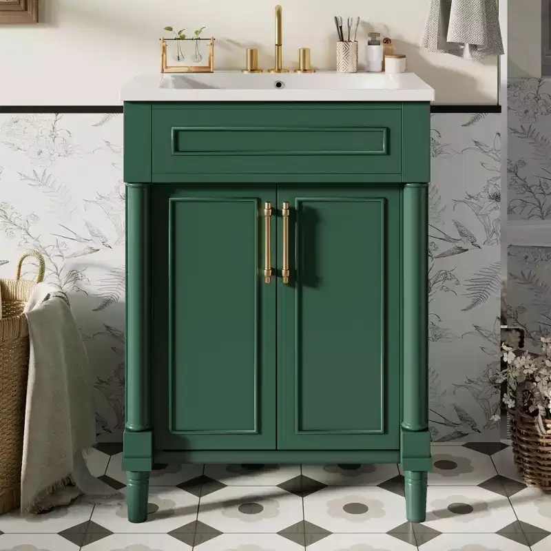 Meuble-lavabo de 24 po avec évier en céramique, armoire Shaker, 2 portes à fermeture amortie, cadre en bois massif pour petite salle de bain ou salle d'eau